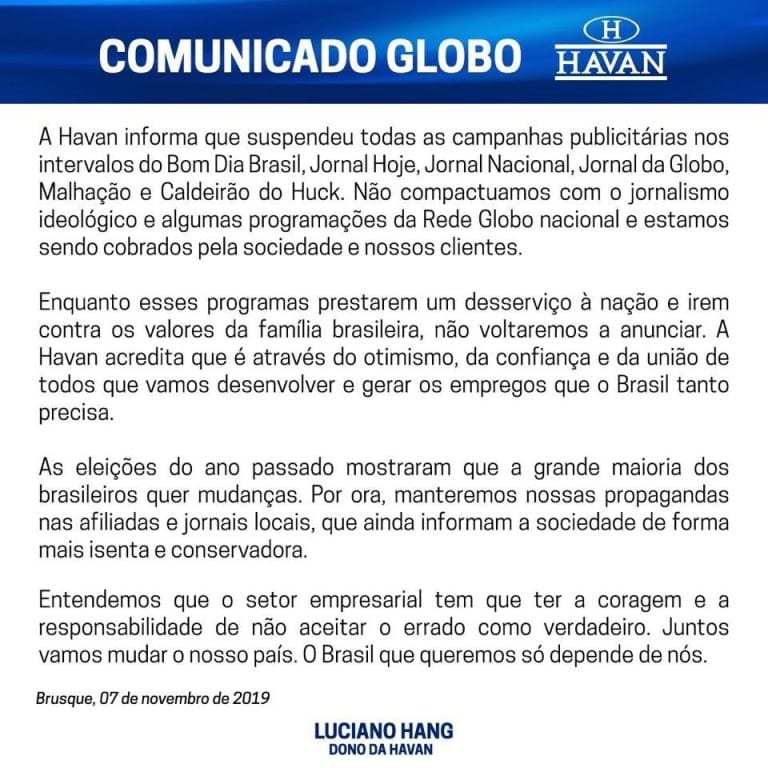 Empresa Havan de Luciano Hang cancela contratos com a Globo. Emissora faz 'desserviço' a sociedade, diz