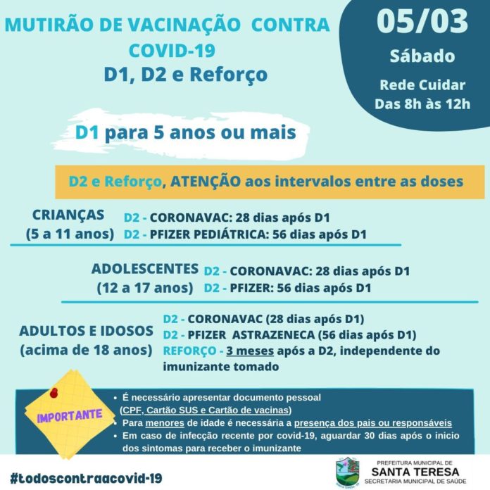 Neste sábado (5) tem mutirão de vacinação contra a Covid-19 