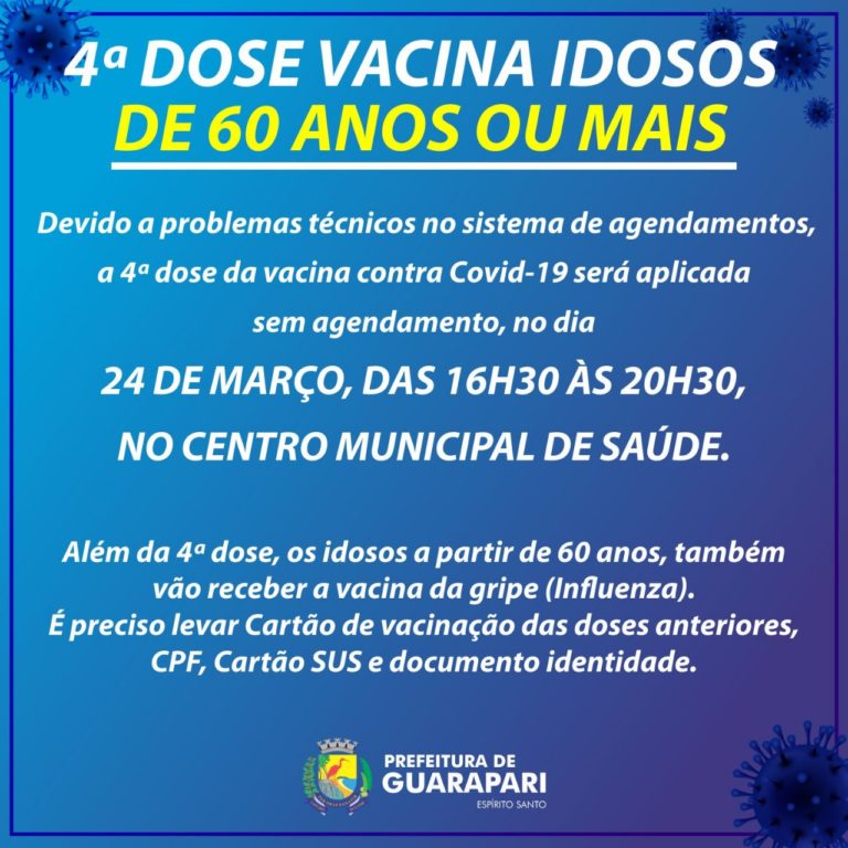 Prefeitura realiza vacinação de 4ª dose da Covid + Influenza, sem agendamento, nesta quinta(24)