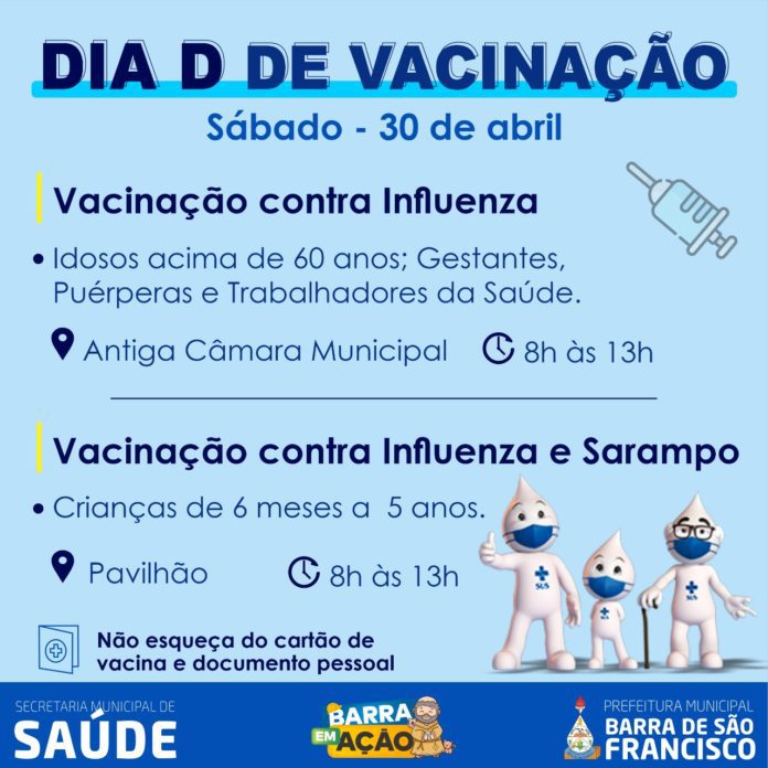 Dia D de vacinação contra Influenza e Sarampo será neste sábado em Barra de São Francisco   