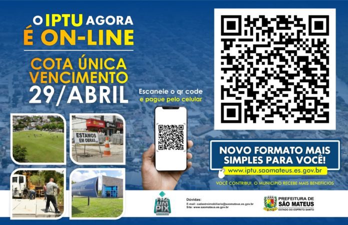 IPTU VENCE DIA 29 DESTE MÊS E PODE SER PAGO COM PIX: FOCA NO QR CODE