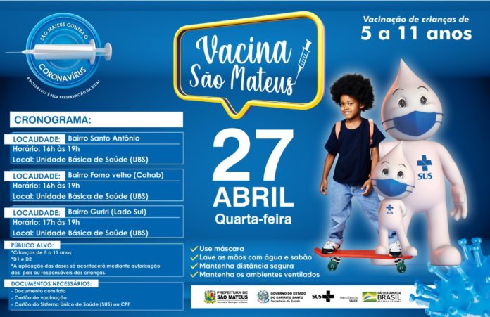 VACINAÇÃO INFANTIL SEGUE NESTA QUARTA-FEIRA (27) EM UNIDADES DE SAÚDE DE SÃO MATEUS