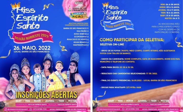 Inscrições para a I Exponoroeste e Concurso Miss ES Região Noroeste 2022, terminam no domingo, 15