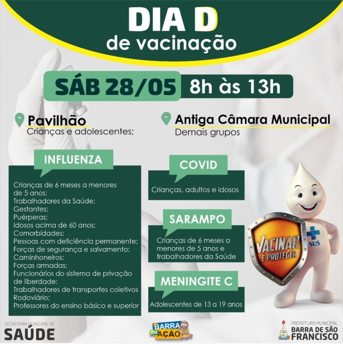 Semus faz Dia D de vacinação contra gripe, sarampo, covid e meningite neste sábado, 28, das 8h às 13h