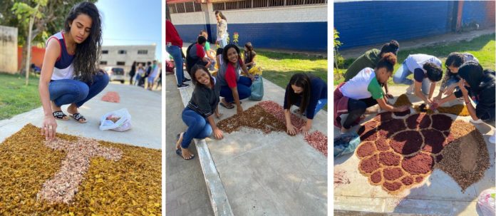 Estudantes da EEEFM Governador Lindenberg fazem tapete para a celebração de Corpus Christi