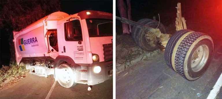 Marataízes: Caminhão de lixo perde controle com perda do eixo traseiro e quase causa acidente na Rod. ES-490