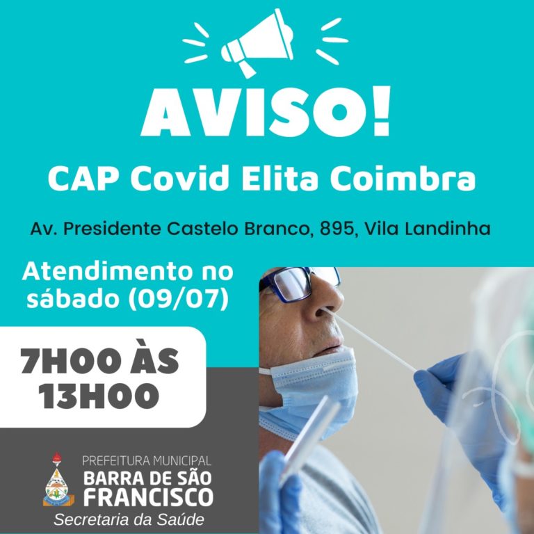 Amanhã, sábado, dia 9, mutirão de testagem contra Covid no CAP Elita Coimbra