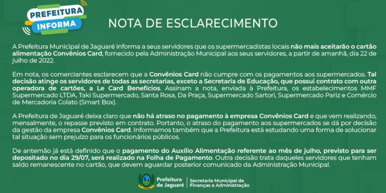 
			NOTA DE ESCLARECIMENTO - CONVÊNIOS CARD        