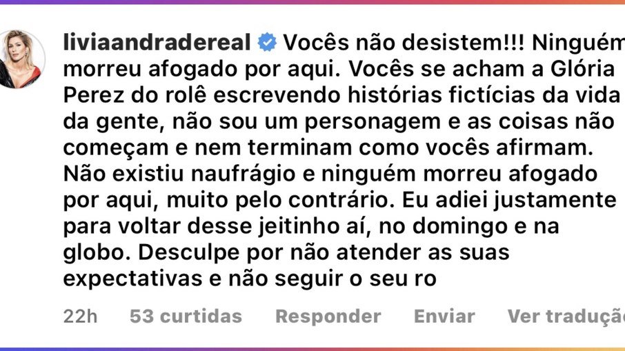Print do comentário de Lívia Andrade no Instagram Print do comentário de Lívia Andrade no Instagram