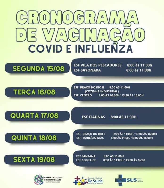 CRONOGRAMA DE VACINAÇÃO COVID E INFLUENZA - DIAS 15 A 19 DE AGOSTO DE 2022