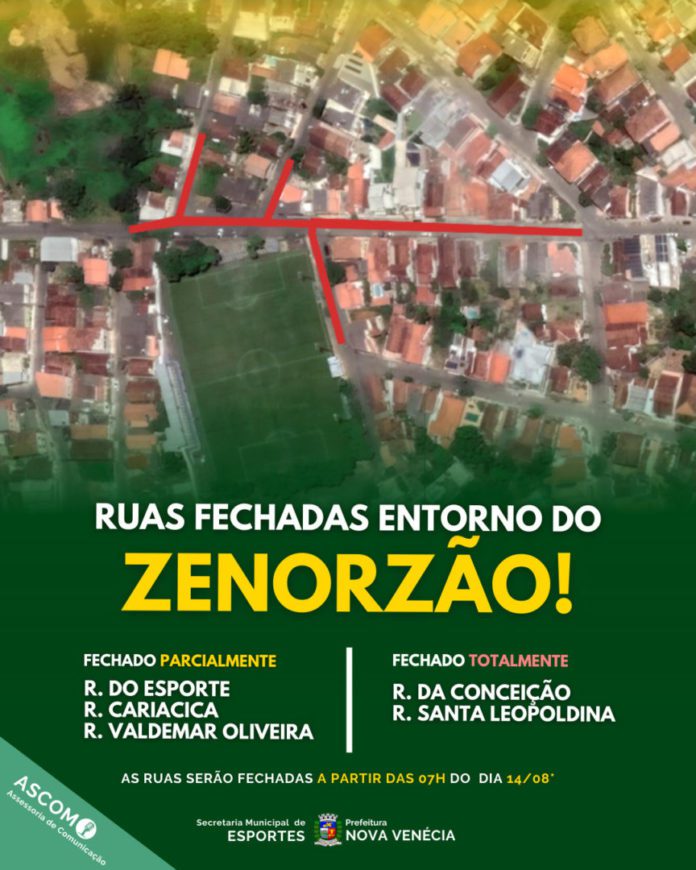 Devido ao jogo do Nova Venécia FC, ruas próximas ao Estádio Zenor Pedrosa Rocha serão interditadas