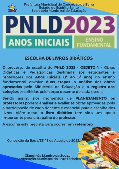 SECRETARIA DE EDUCAÇÃO DE CONCEIÇÃO DA BARRA INFORMA SOBRE A ESCOLHA DO PNLD 2023.