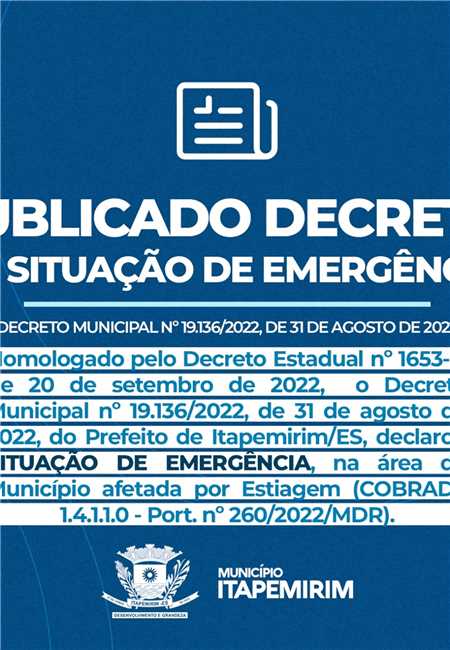 PUBLICADO DECRETO DE SITUAÇÃO DE EMERGÊNCIA