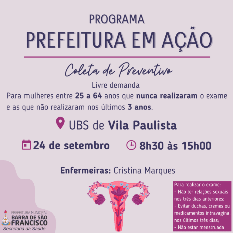 Papanicolau (exame preventivo de colo de útero) dia 24 em Paulista 