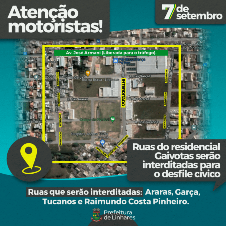 Ruas do Residencial Gaivotas serão interditadas nesta quarta-feira para realização do Desfile de 7 de Setembro   		