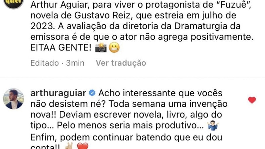 Print da resposta de Arthur Aguiar no Instagram da página 'Choquei'