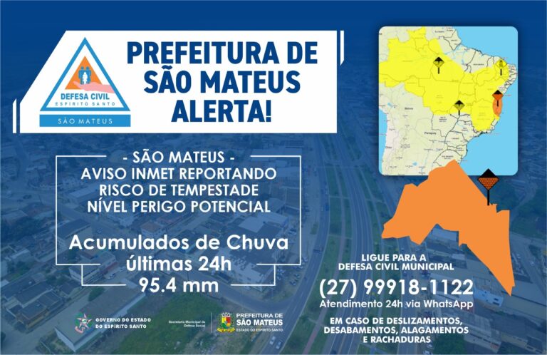 PREFEITURA DE SÃO MATEUS ALERTA! AVISO INMET REPORTANDO RISCO DE TEMPESTADE NÍVEL PERIGO POTENCIAL