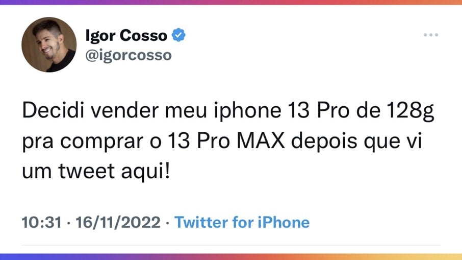 Print da mensagem de Igor Cosso no Twitter Print da mensagem de Igor Cosso no Twitter