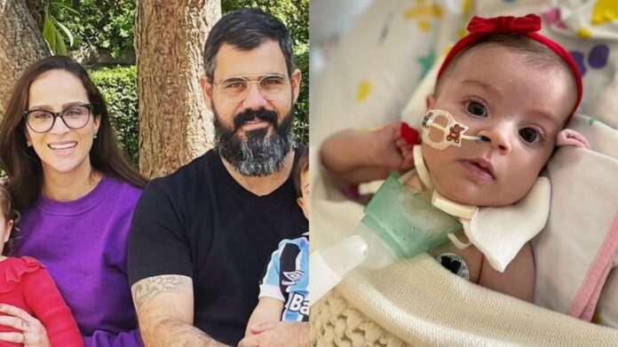 Filha de Juliano Cazarré treina para respirar sozinha