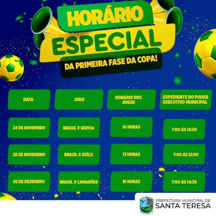 Dia de jogo do Brasil na Copa do Mundo: Prefeitura de Teresópolis e órgãos  municipais encerram expediente às 12h nesta sexta, 02/12 - Prefeitura de  Teresópolis