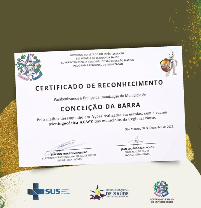 CERTIFICADO DE RECONHECIMENTO - IMUNIZAÇÃO DO MUNICÍPIO DE CONCEIÇÃO DA BARRA