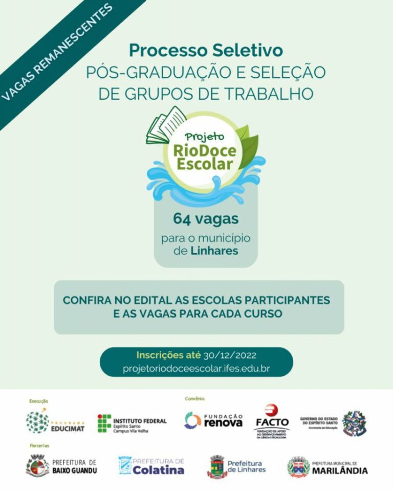 Inscrições para vagas remanescentes do Projeto Rio Doce Escolar se encerram nesta sexta-feira (30)   		