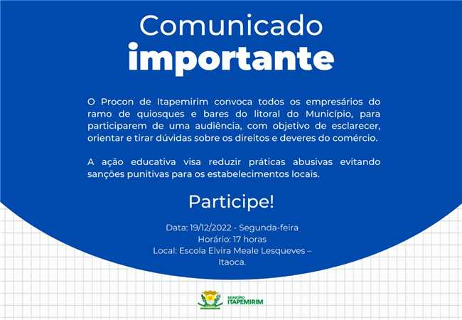 ATENÇÃO EMPRESÁRIOS DO RAMO DE QUIOSQUES E BARES DO LITORAL DO MUNICÍPIO