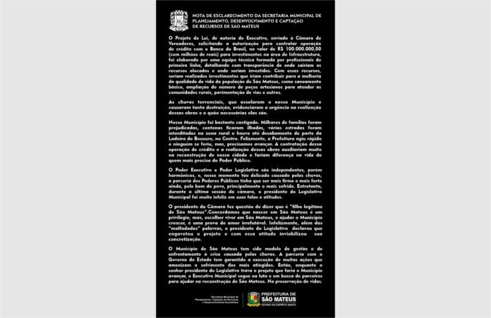 NOTA DE ESCLARECIMENTO DA SECRETARIA MUNICIPAL DE PLANEJAMENTO, DESENVOLVIMENTO E CAPTAÇÃO DE RECURSOS DE SÃO MATEUS