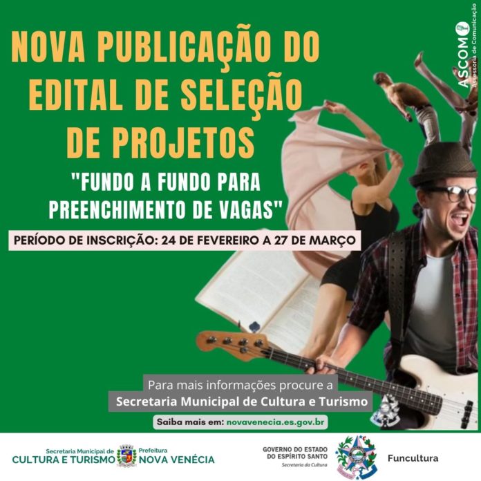 Secretaria de Cultura e Turismo publica Edital de Seleção de Projetos Culturais