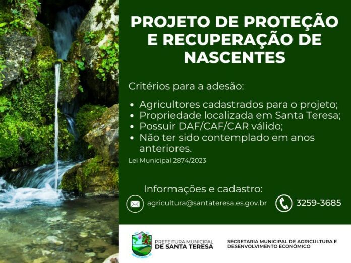 Abertas as inscrições para o Edital Programa Preserva Mais - Projeto de Cercamento e Reflorestamento de Nascentes no Município