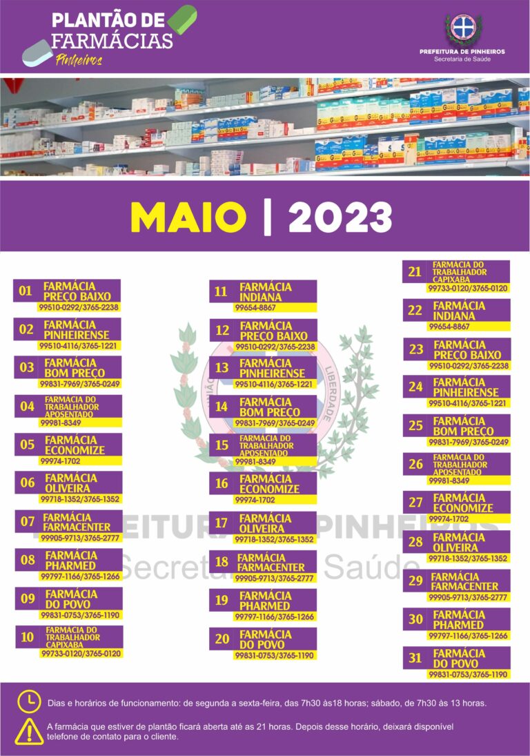 Calendário do Plantão de Farmácias do mês de maio