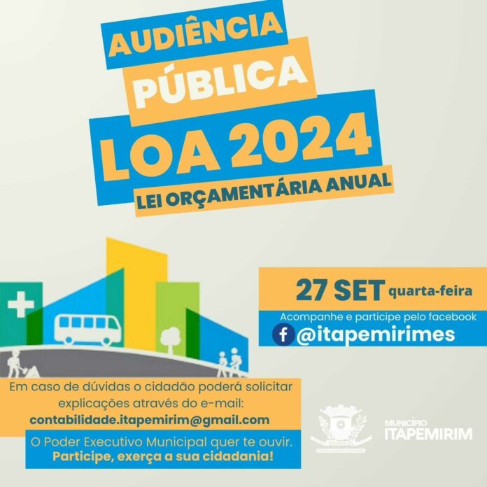 LOA 2024: AUDIÊNCIA PÚBLICA ON-LINE DIA 27 DE SETEMBRO